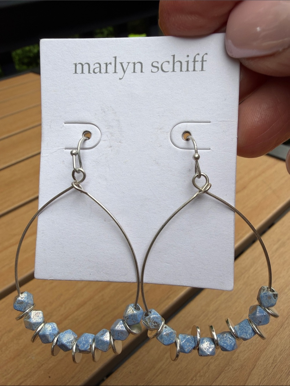 Marlyn Schiff Silver Hoop Earrings with Light Blue Beads